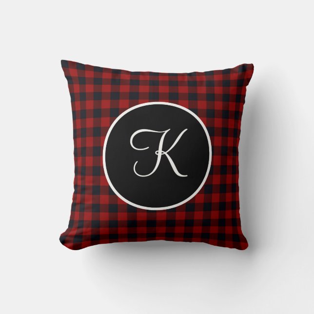 Coussin de jet Monogramme rouge et noir à carreaux (Recto)