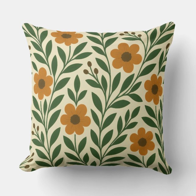 Coussin de jet Orange et Fleurs Vertes (Recto)