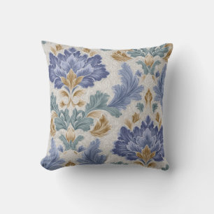 Coussin de jet ornemental floral bleu et or élégan