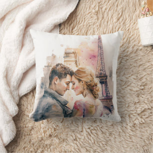 Coussin de jet romantique aquarelle à Paris pour c