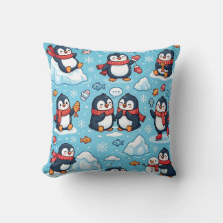 Coussin de jeté à l'illustration de manchot en éch