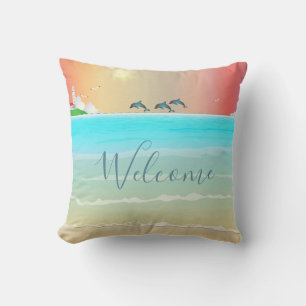 Coussin de jeté à thème de plage avec dauphins