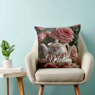 Coussin de jeté en thé rose chou rose