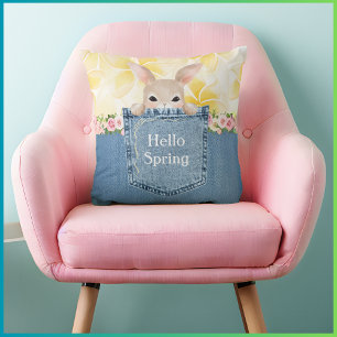 Coussin de lancer mignon lapin en denim 'Bonjour P