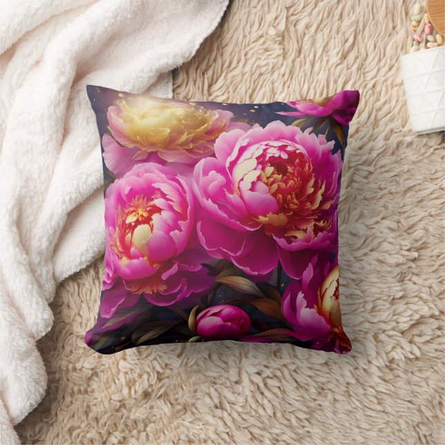 Coussin De magnifiques pivoines roses aux accents dorés (Couverture)