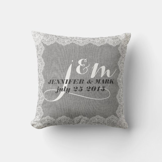 Coussin de Mariage de linge gris et de dentelle bl (Recto)