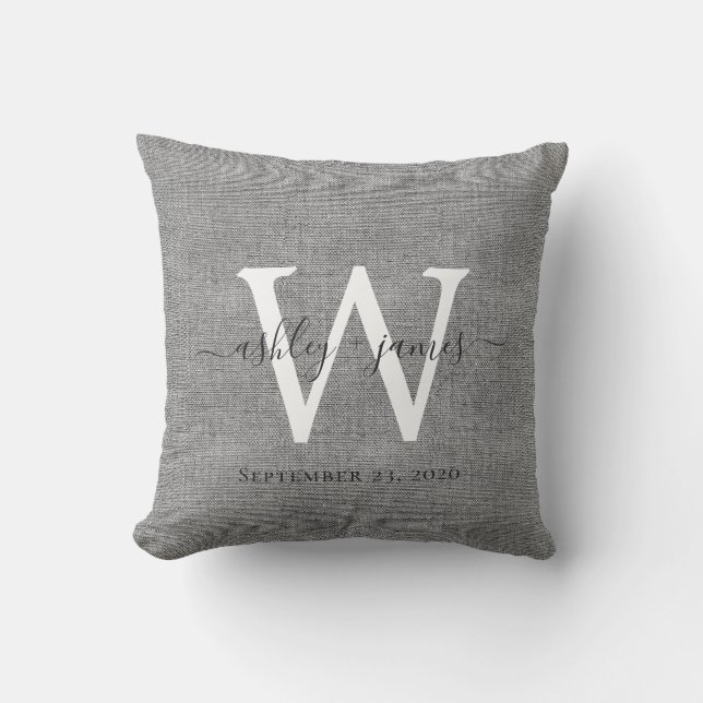 Coussin de mariage en lin gris avec monogramme bla (Recto)