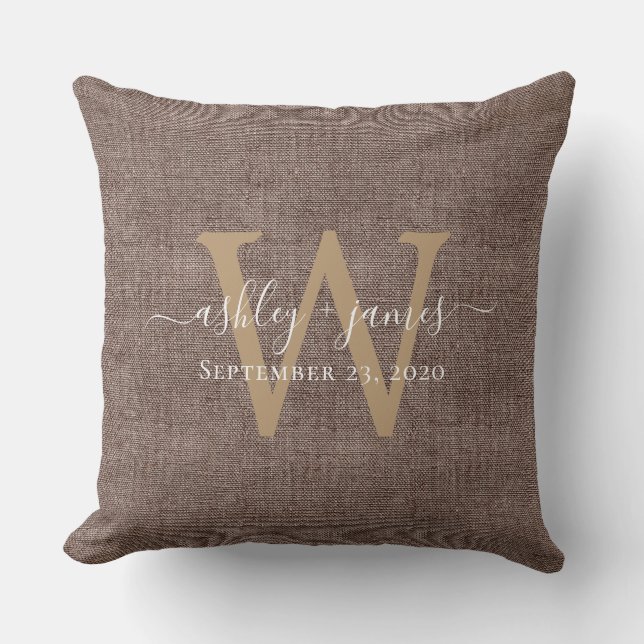 Coussin de mariage monogrammé en lin café Cadeau d (Recto)