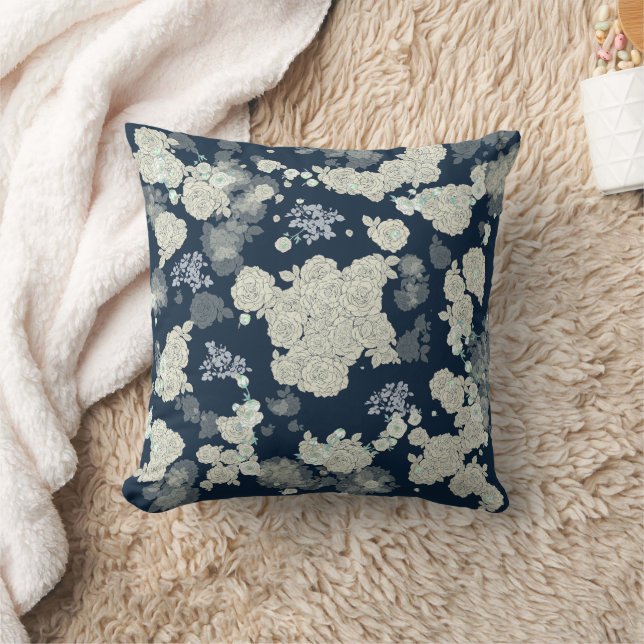Coussin de modèle floral gris bleu marine (Couverture)