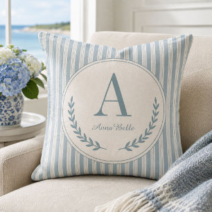 Coussin de monogramme côtier aux rayures à ticks L