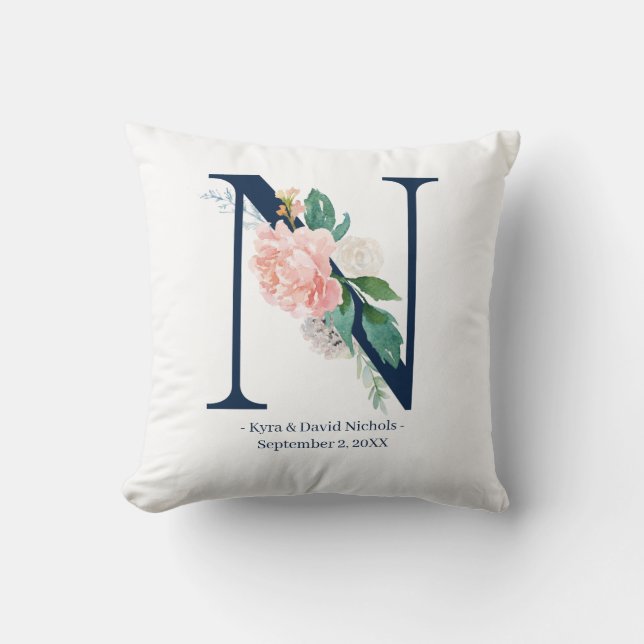 Coussin de monogramme du Mariage floral bleu de la (Recto)