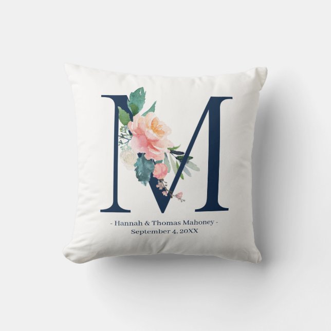Coussin de monogramme du Mariage floral bleu de la (Recto)