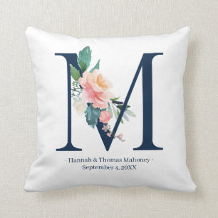 Coussin de monogramme du Mariage floral bleu de la