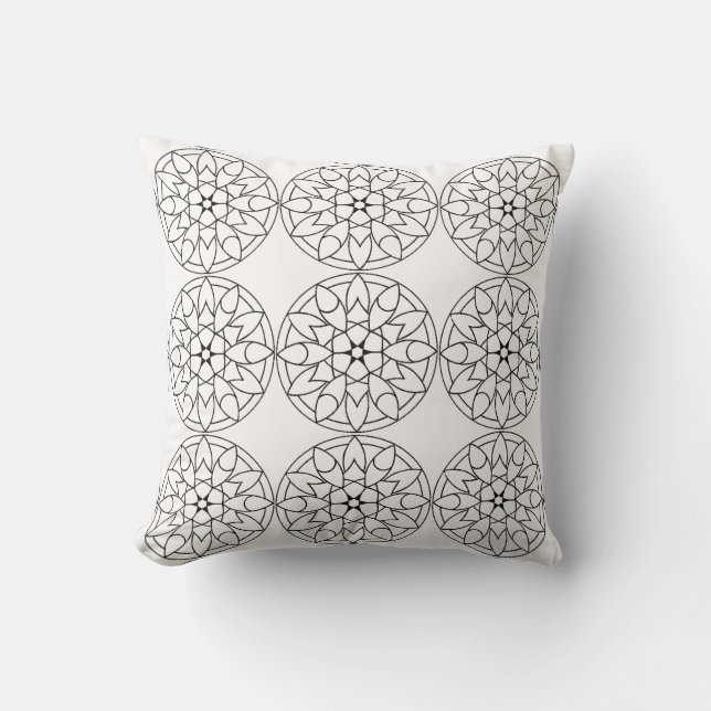 Coussin de motif floral Mandala blanc noir (Recto)