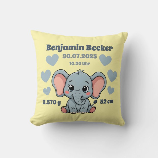 Coussin de naissance personnalisable - Éléphant (Recto)