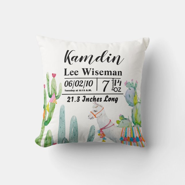 Coussin de naissance personnalisé Boho Llama Bohem (Recto)
