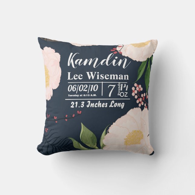 Coussin de naissance personnalisé Fleurs florales  (Recto)