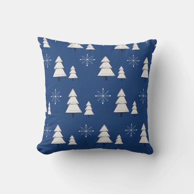 Coussin de Noël bleu avec pins et flocons de neige (Recto)