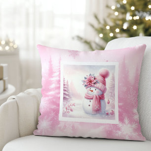 Coussin de Noël Charmant Bonhomme de Neige Rose Hi