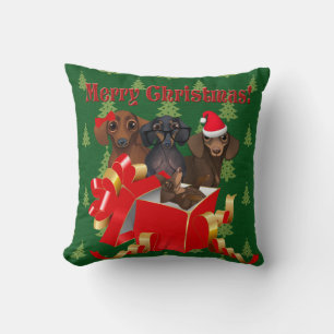 Coussin de Noël pour famille de teckel sous l'arbr