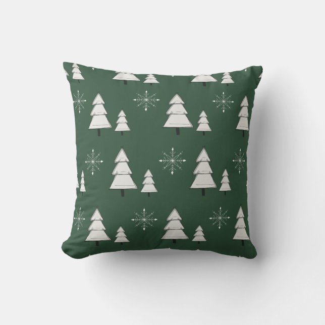 Coussin de Noël vert avec pins et flocons de neige (Recto)