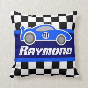 Coussin de nom de drapeau quadrillé par bleu de