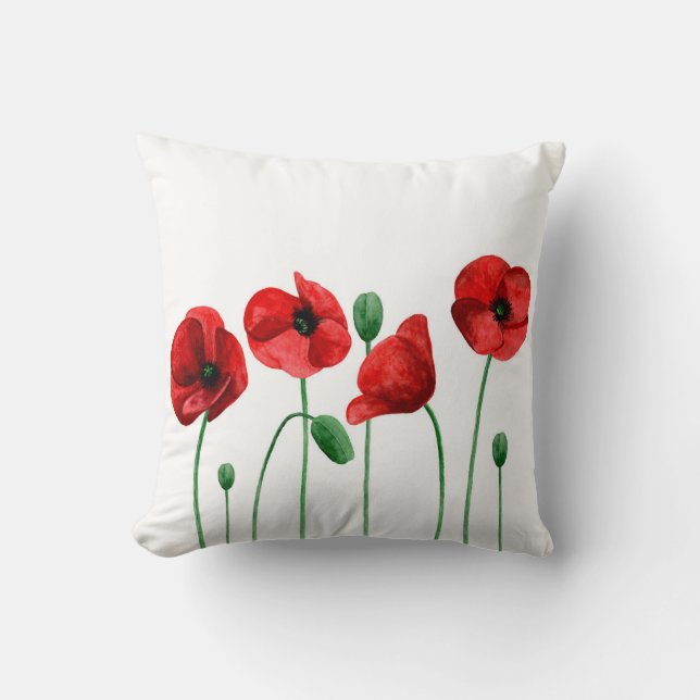 Coussin de pavots d'aquarelle. Fleurs rouges. Bota (Recto)