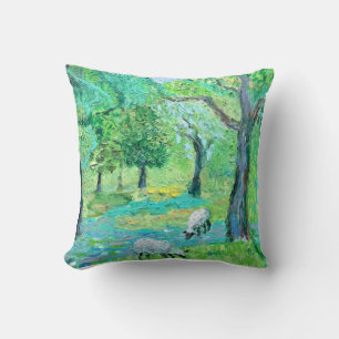 Coussin de prairie verte avec mouton de pâturage -