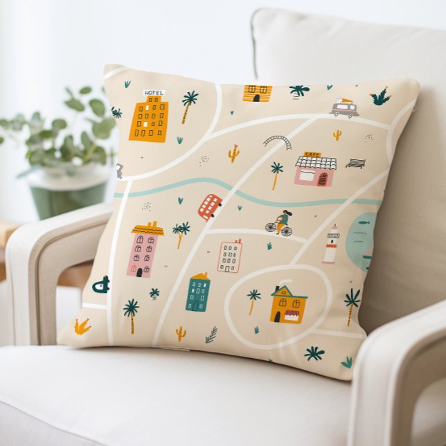 Coussin de thème de voyage, Motif de carte de vill (Créateur téléchargé)