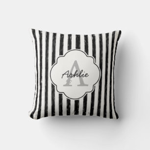 Coussin Décontracté Black Peint Stripes Monogramme et nom