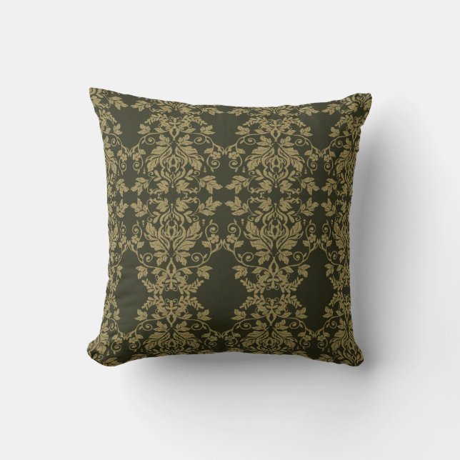 Coussin Décor damassé or et olive foncé (Recto)