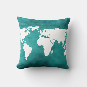 Coussin décor de carte du monde turquoise
