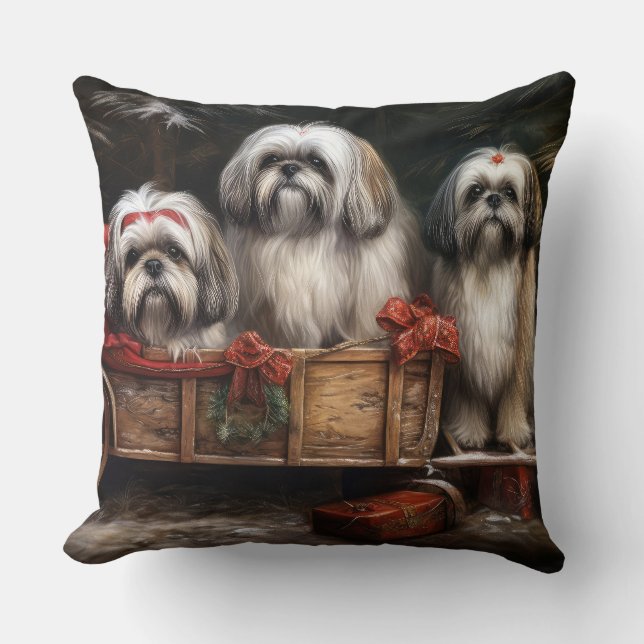 Coussin Décor de Noël Lhasa Apso Snowy Sleigh (Recto)