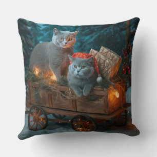 Coussin Décor de Noël russe Blue Cat Snowy Sleigh