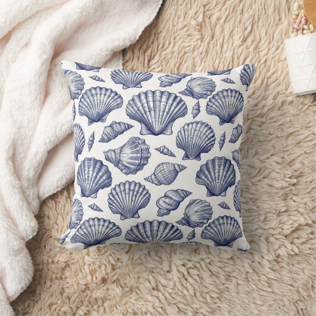 Coussin Décor de plage de coquillages bleu et blanc (Couverture)