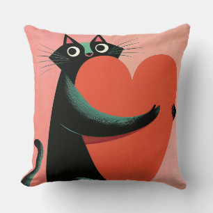 Coussin Décor Rose Pâle Cœur de Chat Noir Rétro