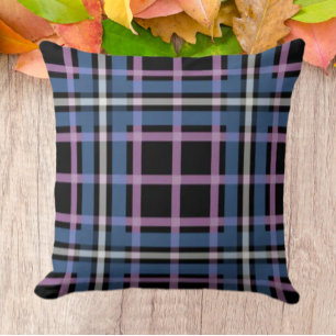Coussin décoratif à carreaux bleus et lavande fonc