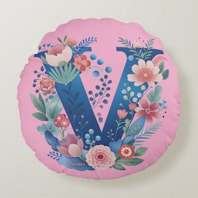 Coussin décoratif à monogramme lettre V floral pou (Devant)