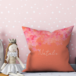 Coussin décoratif à motif floral aquarelle corail