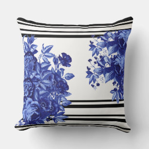 Coussin décoratif à rayures florales bleu