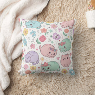 Coussin décoratif aux chats pastel kawaii et fleur