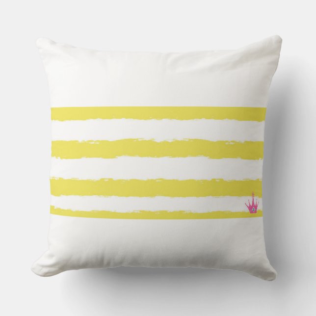 Coussin décoratif avec rayures jaunes et couronne  (Recto)