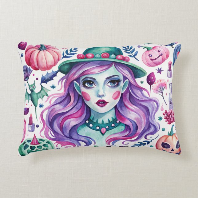 Coussin décoratif avec sorcière et imprimé Hallowe (Devant)