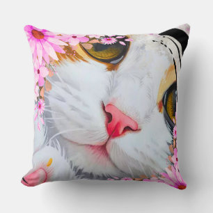 Coussin Décoratif Chat Floral Rose Coloré