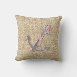 Coussin décoratif d'ancre de bateau rose Burlap
