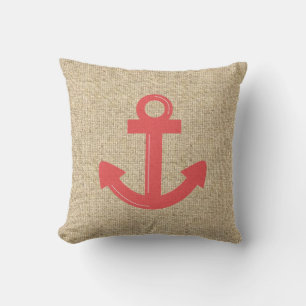 Coussin décoratif d'ancre de bateau rouge Burlap