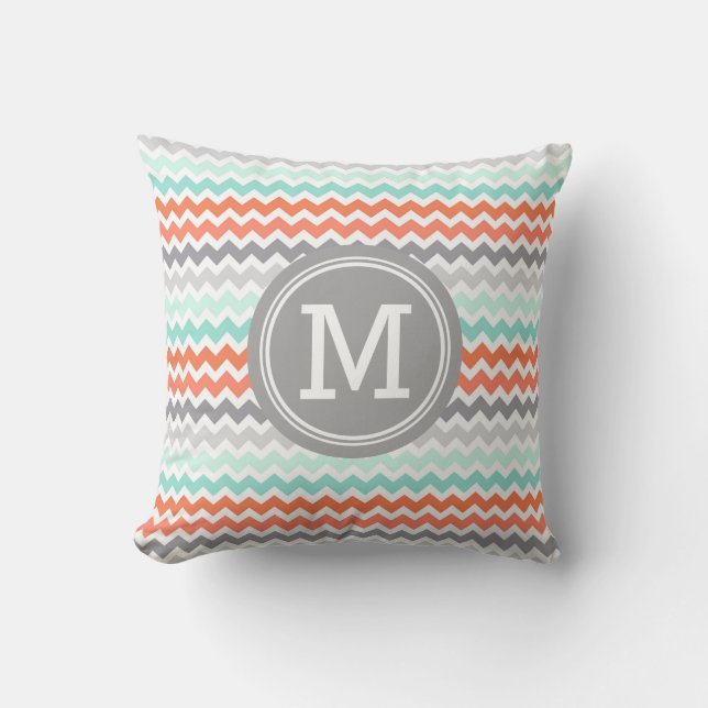 Coussin décoratif d'Aqua de monogramme de corail (Recto)