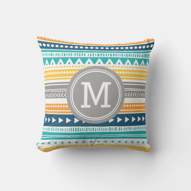 Coussin décoratif de monogramme tribal jaune bleu (Recto)