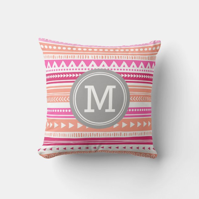 Coussin décoratif de monogramme tribal rose de (Recto)
