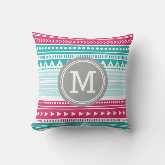 Coussin décoratif de monogramme tribal turquoise (Recto)